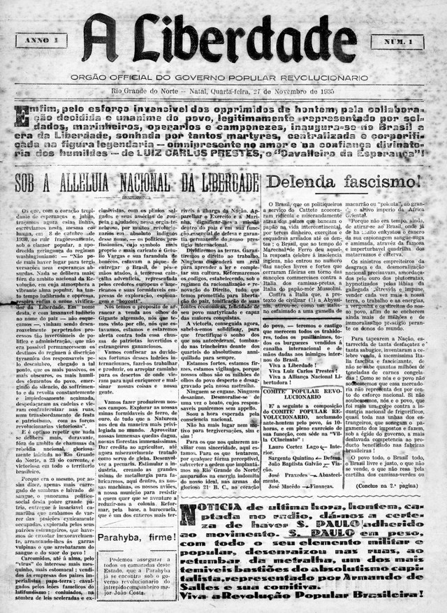   Edi&ccedil;&atilde;o &uacute;nica de &ldquo;A Liberdade&rdquo;, que circulou em Natal no dia 27 de novembro de 1935