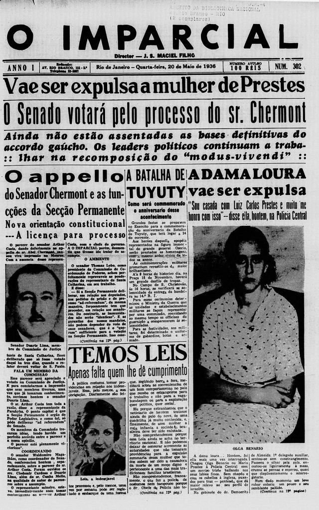   &ldquo;O Imparcial&rdquo;  noticia a expuls&atilde;o de Olga, a &ldquo;dama loura&rdquo;, em 20 de maio de 1936