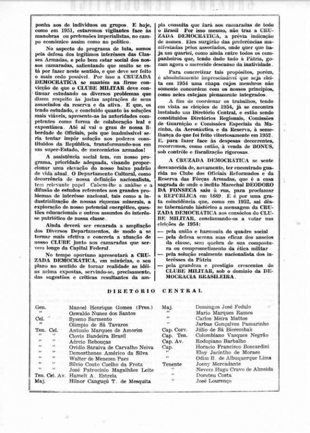       Impresso contendo manifesto da Cruzada Democrática sobre as eleições do Clube Militar 