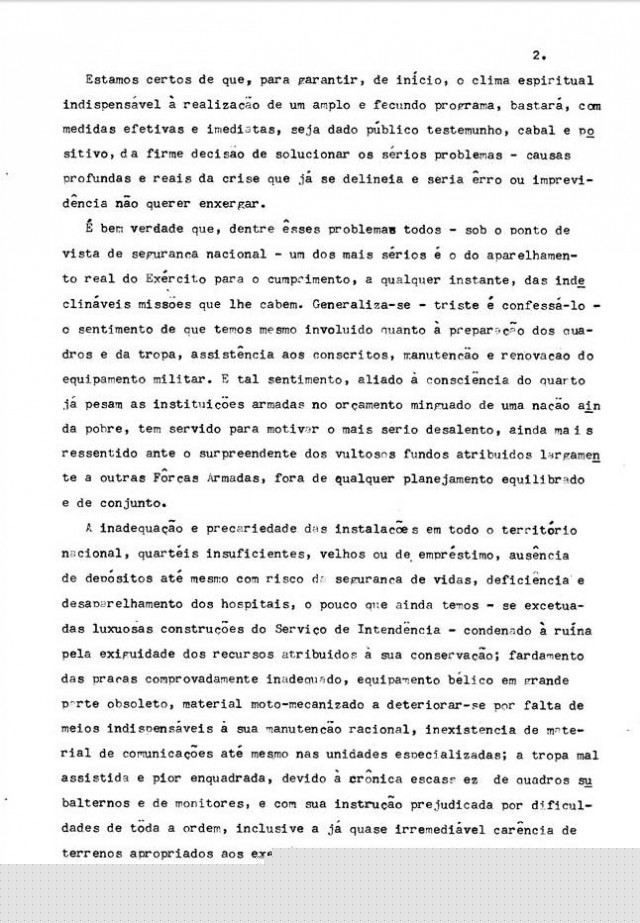       Documentos referentes ao &ldquo;Memorial dos Coron&eacute;is&rdquo; incluindo &iacute;ntegra do Manifesto sobre vencimentos do Ex&eacute;rcito, aparelhamento militar e envolvimento em problemas pol&iacute;ticos, entre outros temas 