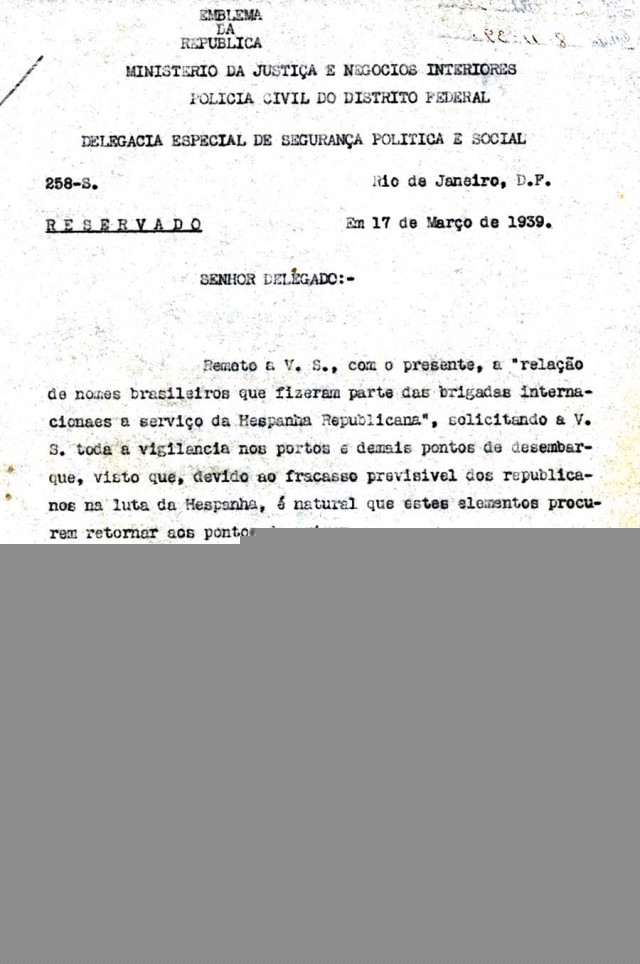   Ofício da polícia política sobre os combatentes brasileiros na Espanha&nbsp;