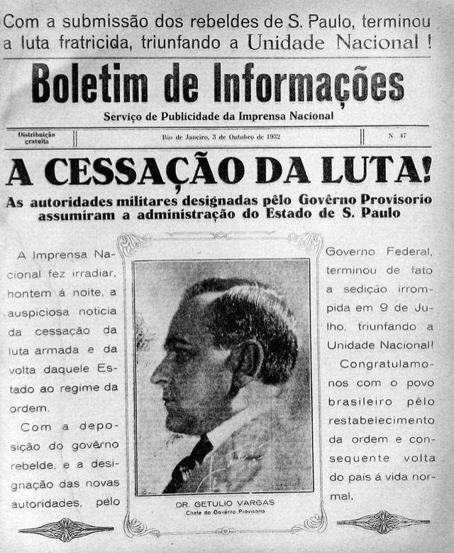   Boletim publicado &nbsp;pelo governo Vargas celebra a derrota dos paulistas, em 3 outubro 1932&nbsp;