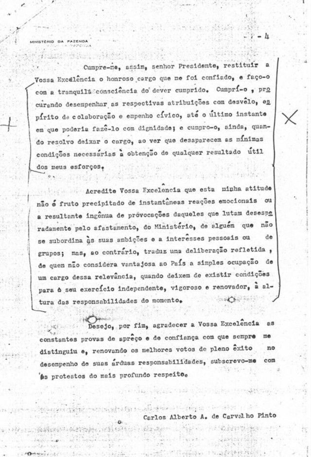   Carta de demiss&atilde;o  de Carvalho Pinto