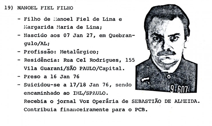   <strong> Documento do prontuário</strong> de Manoel Fiel Filho no Departamento de Ordem Política e Social (Dops)   