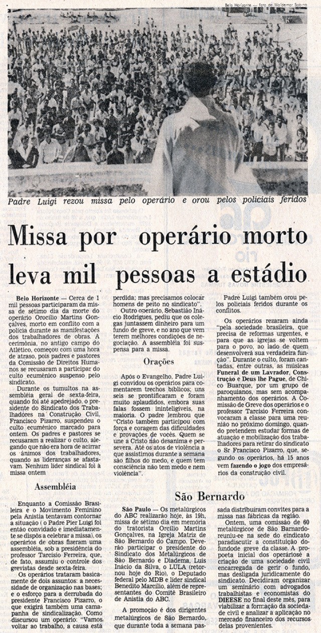   Trabalhadores fizeram missa para Oroc&iacute;lio Martins Gon&ccedil;alves, oper&aacute;rio morto pela PM