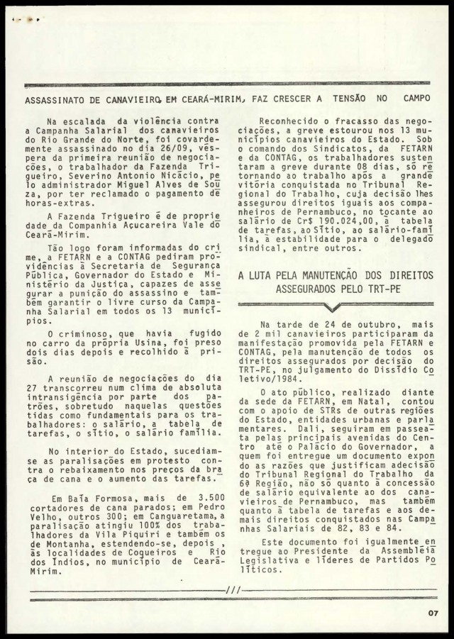  Edi&ccedil;&atilde;o de &quot;O Trabalhador Rural&quot;, publica&ccedil;&atilde;o da Contag, do bimestre setembro/outubro de 1984