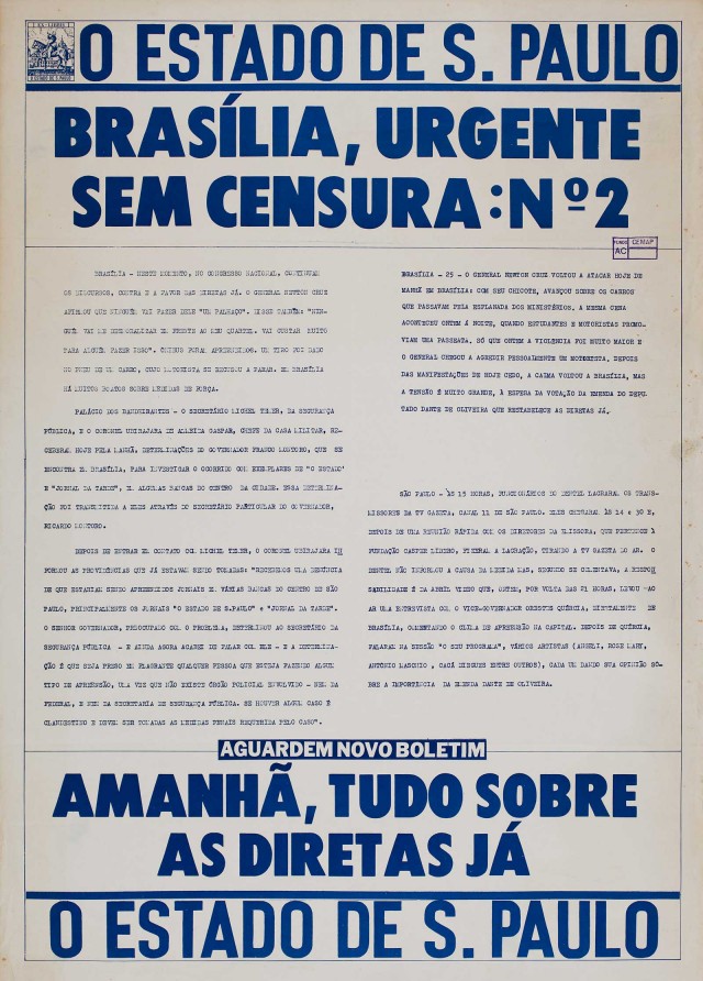  Boletim produzido por &quot;O Estado de S. Paulo&quot; em Bras&iacute;lia para furar o cerco da censura imposta pelas medidas de seguran&ccedil;a&nbsp;