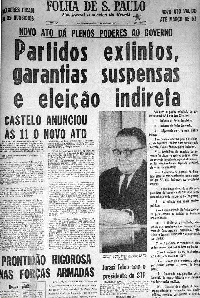  O jornal &quot;Folha de S.Paulo&quot;,&nbsp;de 27 de outubro de 1965, traz manchete com os principais pontos do AI-2