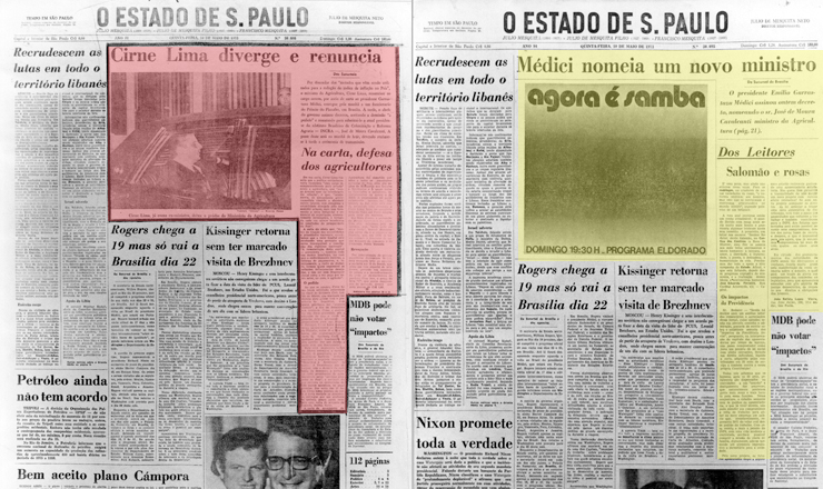  <strong> Manchete censurada </strong> sobre saída de ministro (pag. à esq.) recebe outro enfoque e dá lugar a cartas de leitores, a primeira sobre rosas azuis, e a anúncio (pág. à dir.) em O Estado de S.Paulo de 10 de maio de 1973