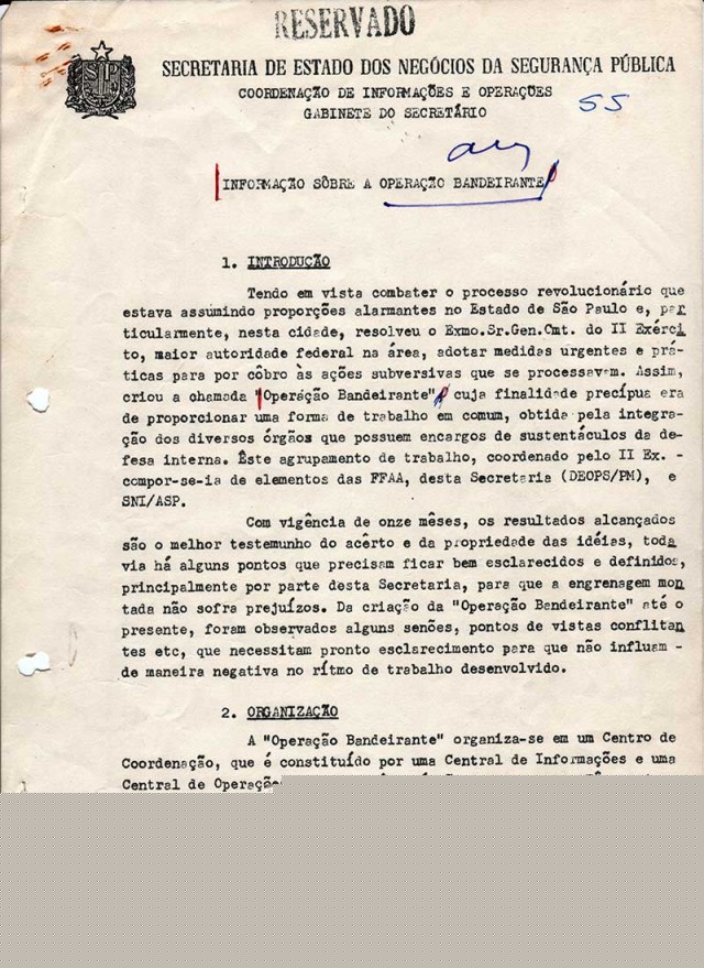  Documento da Secretaria de Seguran&ccedil;a P&uacute;blica de S&atilde;o Paulo explica a Opera&ccedil;&atilde;o Bandeirantes (Oban)